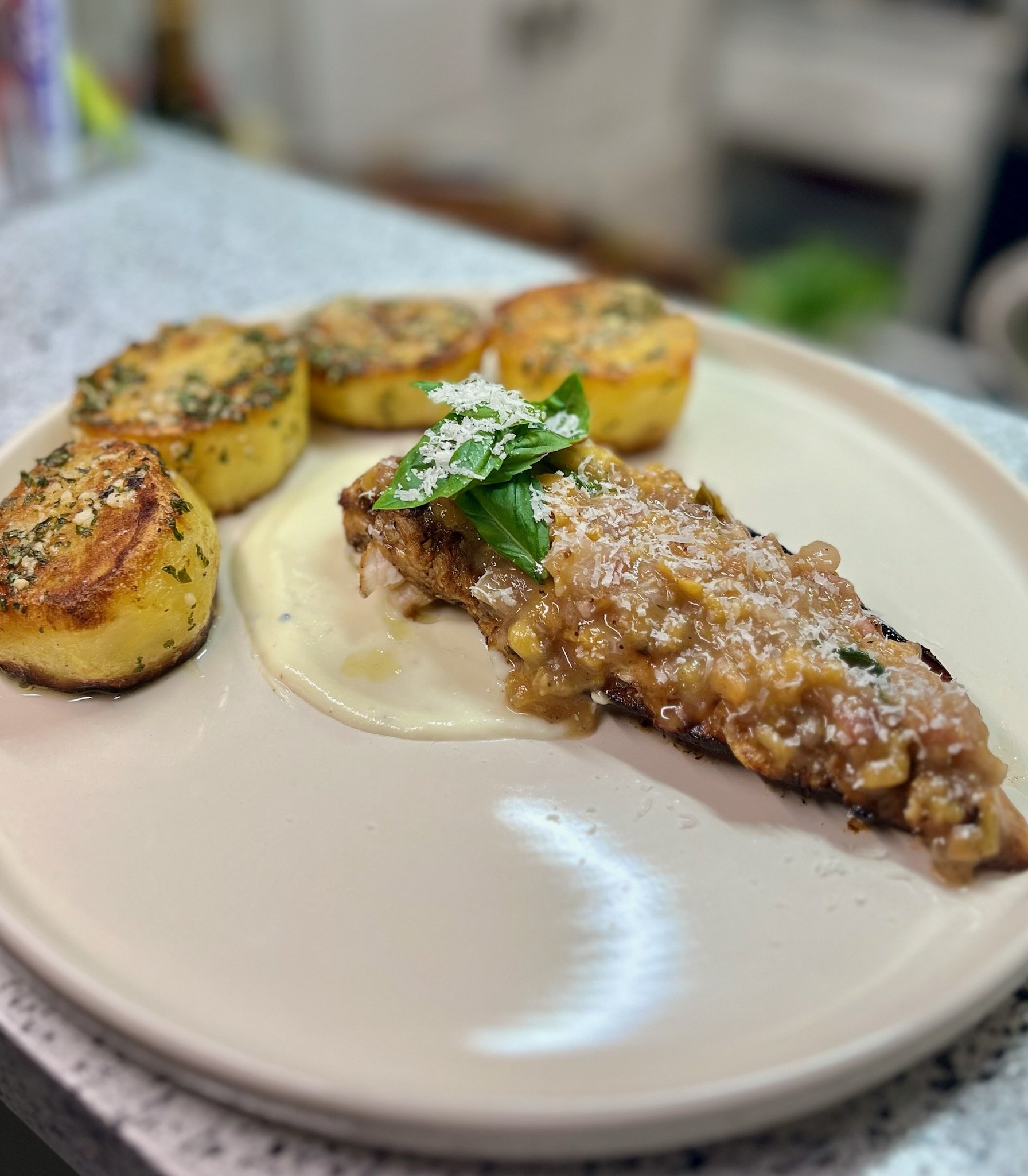 Blackened Chicken w/ Peach-Balsamic Sauce and Verdant Garlic-Herb Potatoes