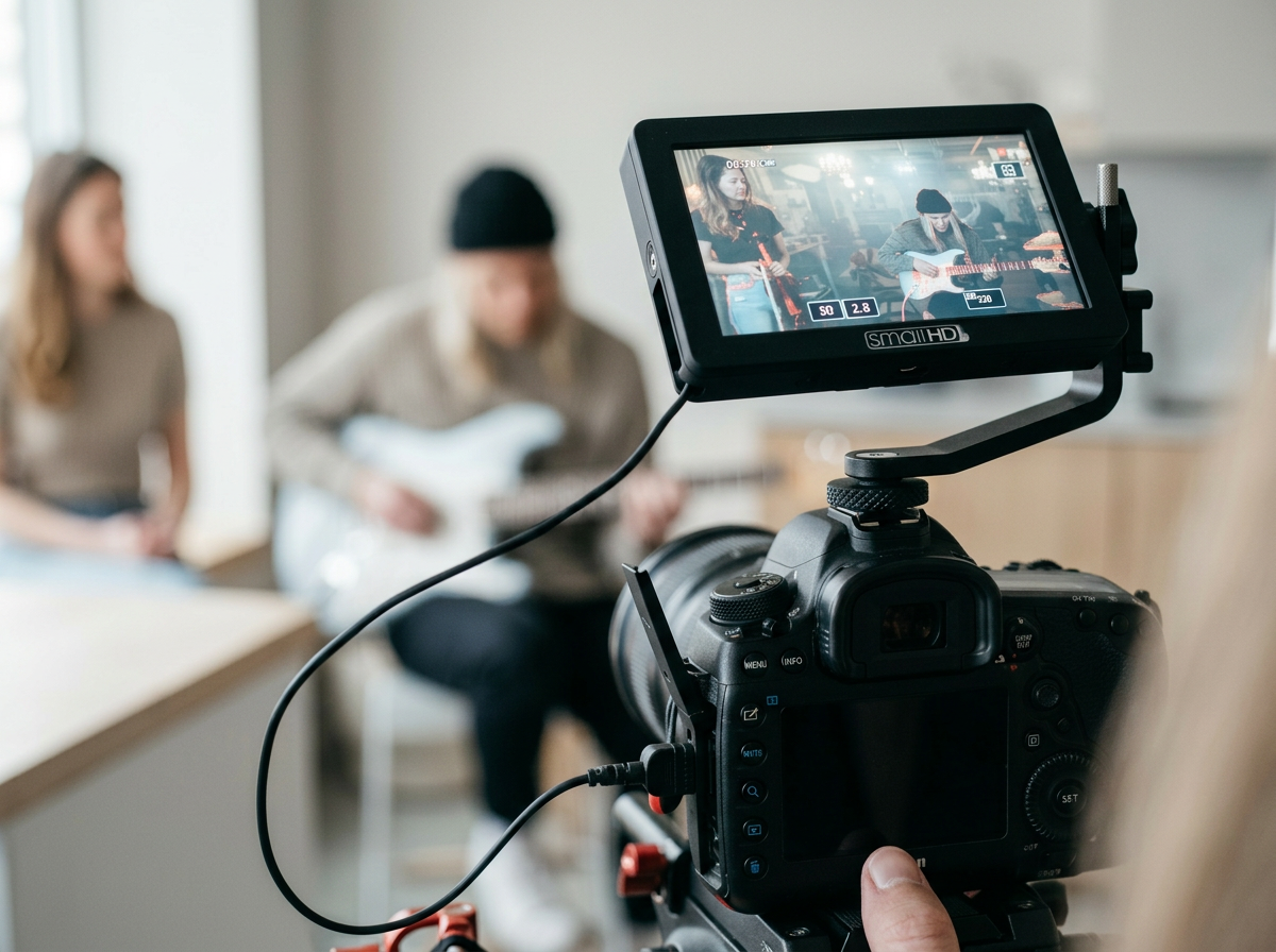 A video camera recording two women, one playing guitar and the other singing, in a bright indoor setting.