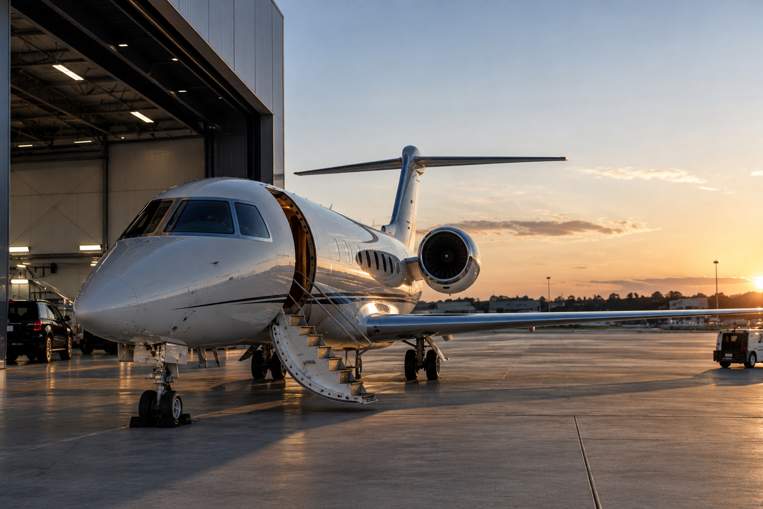 Private jet parked outside a hangar at sunset