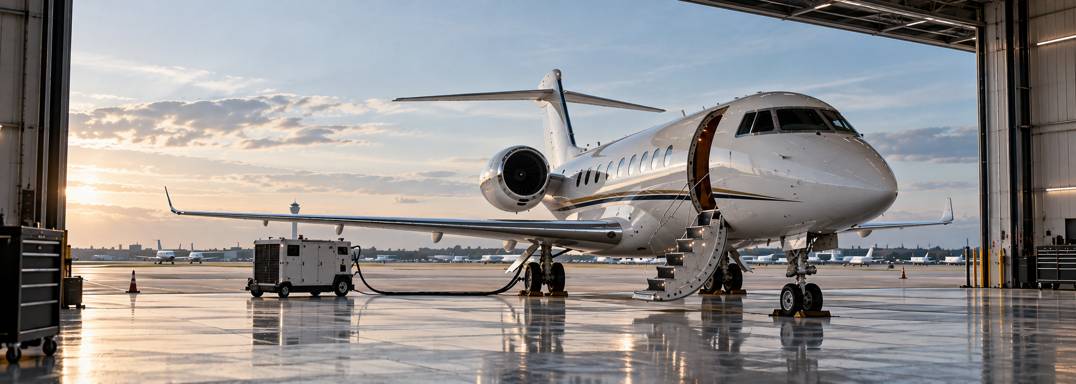 Private jet on the ramp with ground support equipment