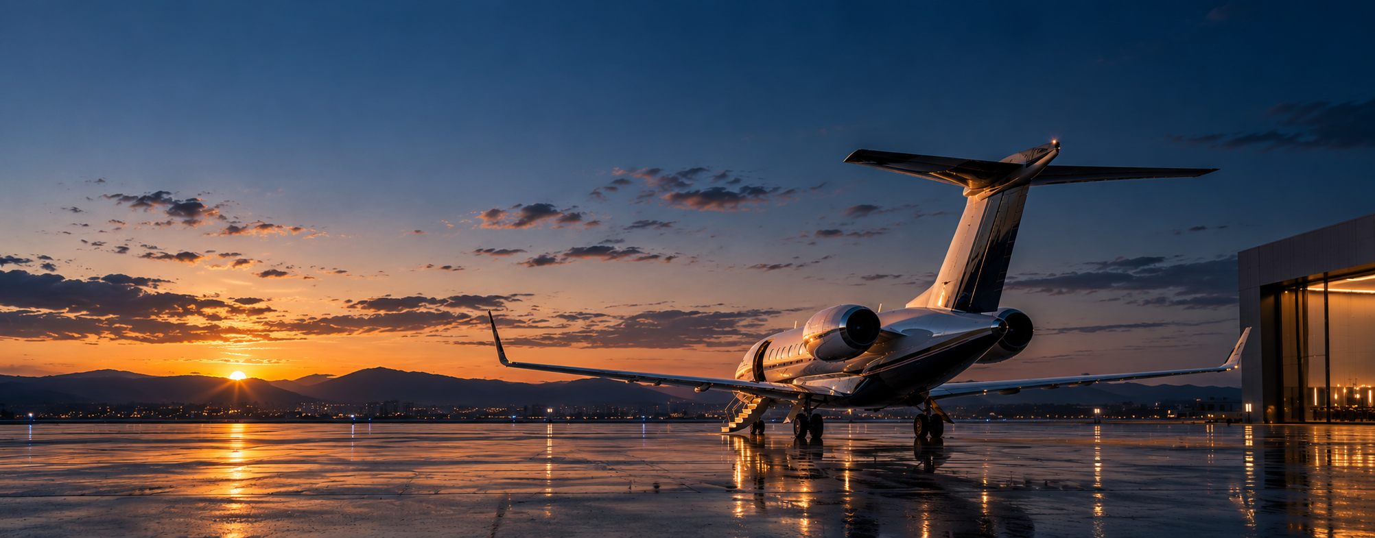 Private jet on the ramp at sunset