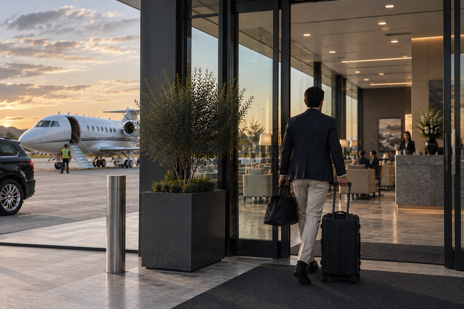 Private jet passenger arriving at an airport terminal with luggage