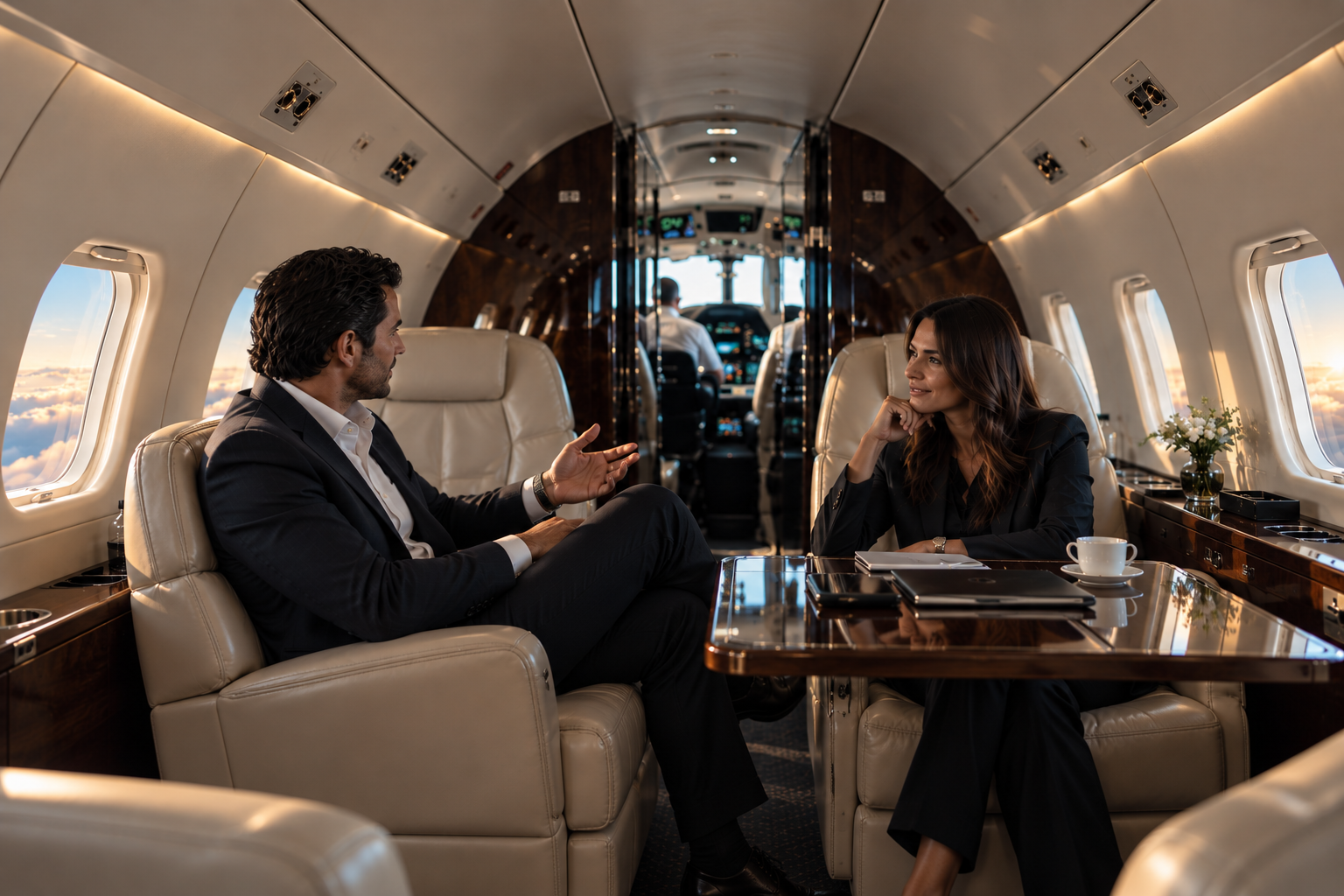 Passengers seated inside a private jet cabin