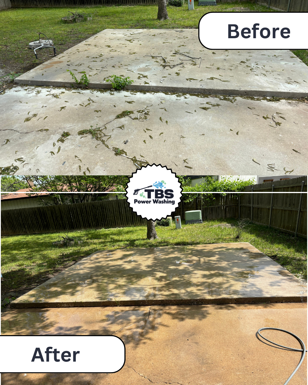 Comparison of a concrete patio before and after power washing, showing significantly cleaner surface with less debris and dirt in the after image, with a logo for TBS Power Washing.