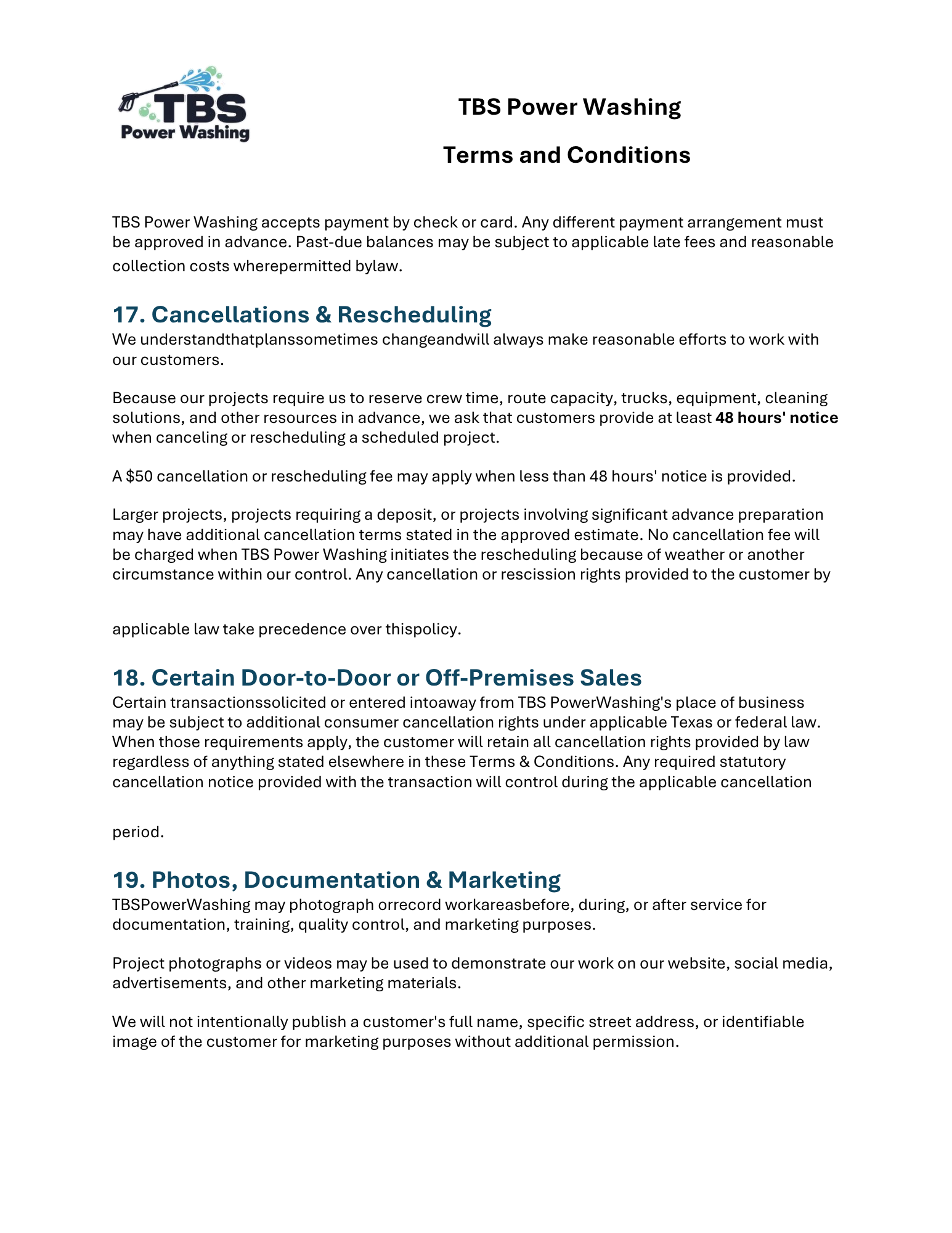 A document titled "TBS Power Washing Terms and Conditions" with sections on cancellations, rescheduling, and document/photo usage policies.