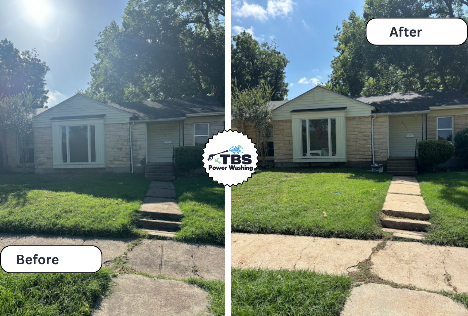 Side-by-side comparison of a house exterior, with the left labeled 'Before' and the right labeled 'After.' The house features a front yard, concrete walkway, and large windows. The 'After' image shows a cleaner, brighter appearance with improved landscaping, better lighting, and the TBS Power Washing logo.