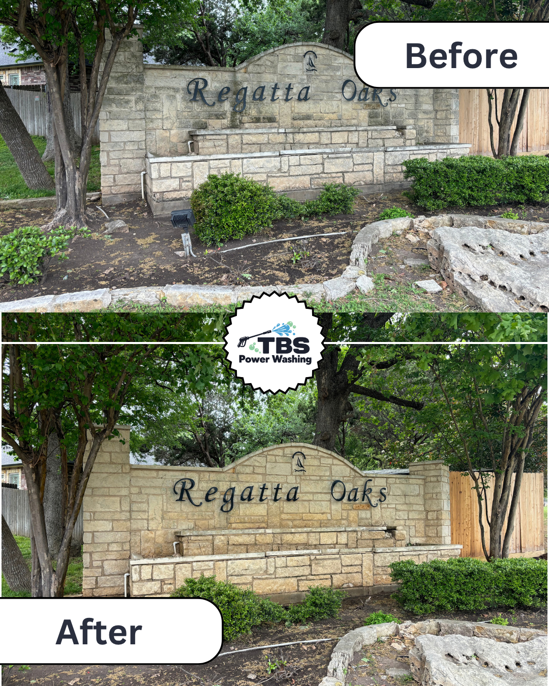 Comparison of a landscaped garden with a stone sign reading "Regatta Oaks" before and after cleaning or renovation, featuring trees, bushes, and a stone wall with a fountain feature.