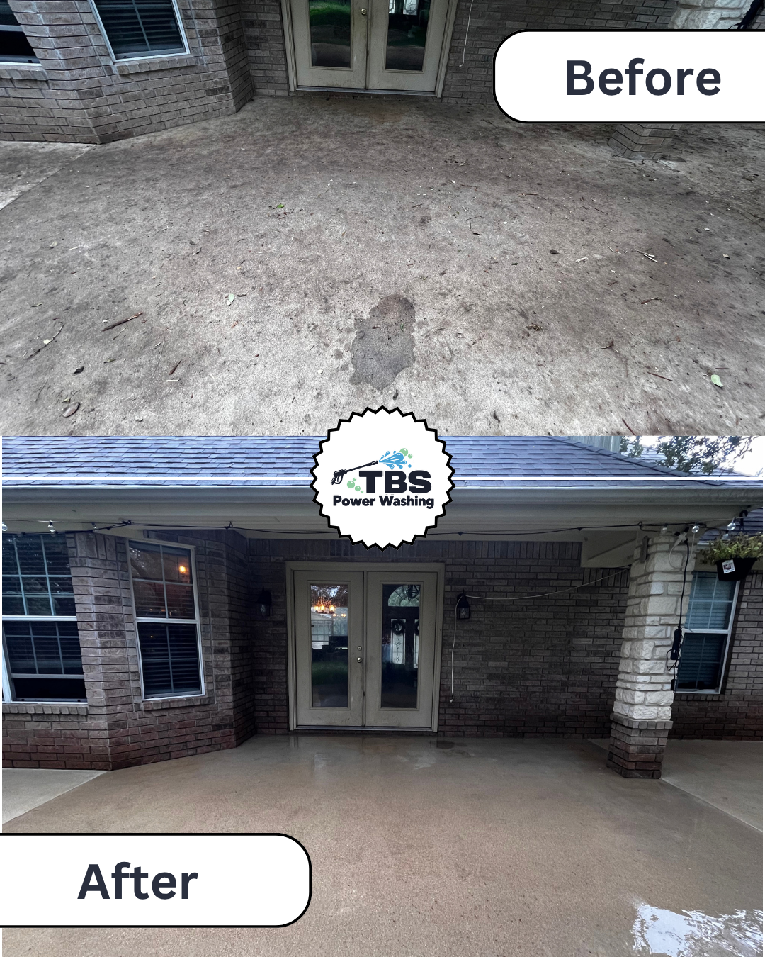 Before and after images of a backyard patio, showing a stained and uneven concrete surface in the top photo and a clean, freshly power washed concrete surface in the bottom photo, with a logo reading TBS Power Washing.