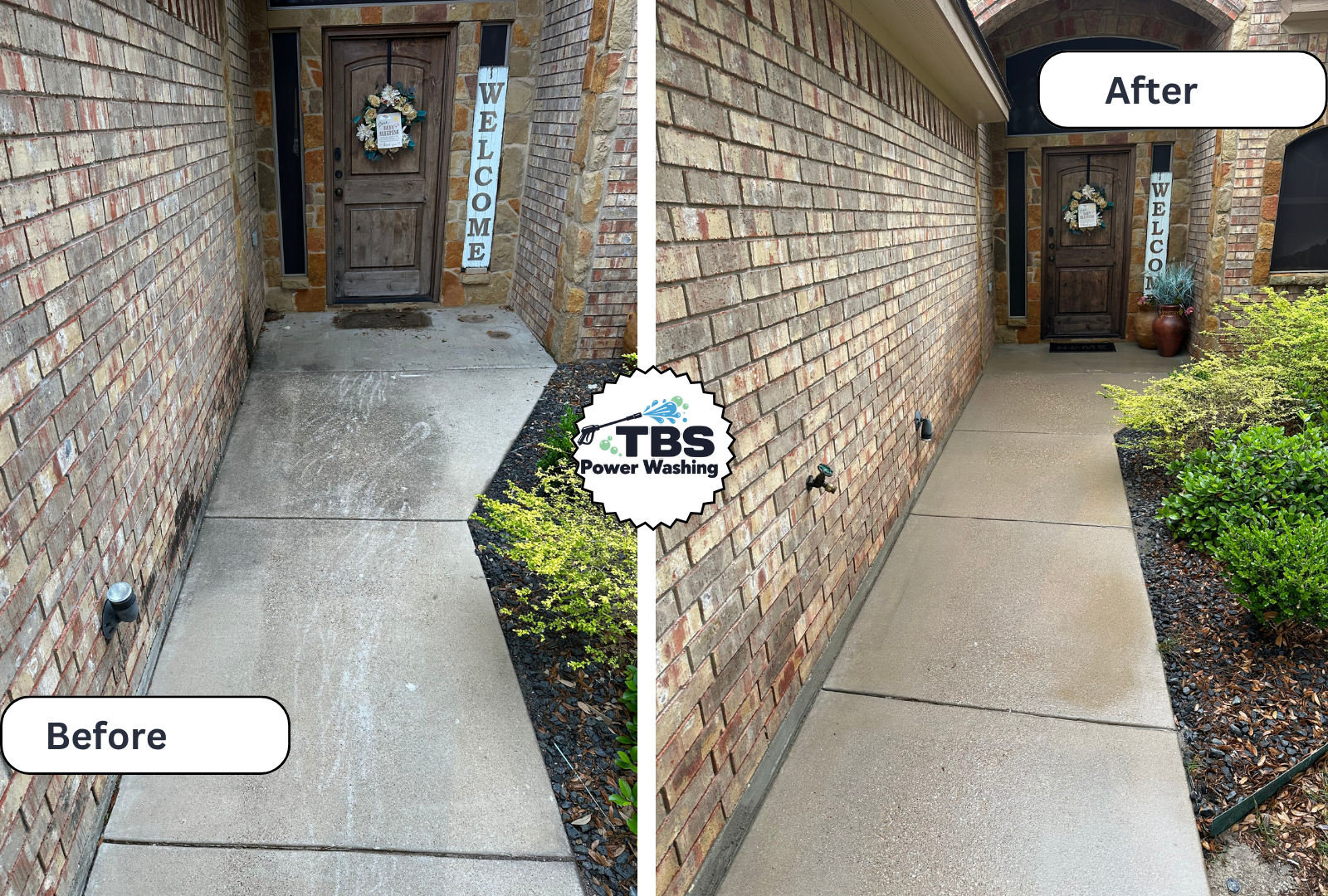 Side view of a front porch before and after power washing. The 'Before' side shows a concrete walkway with dirt and stains, while the 'After' side shows a clean, bright surface. Plants and a welcome sign are visible near the door.