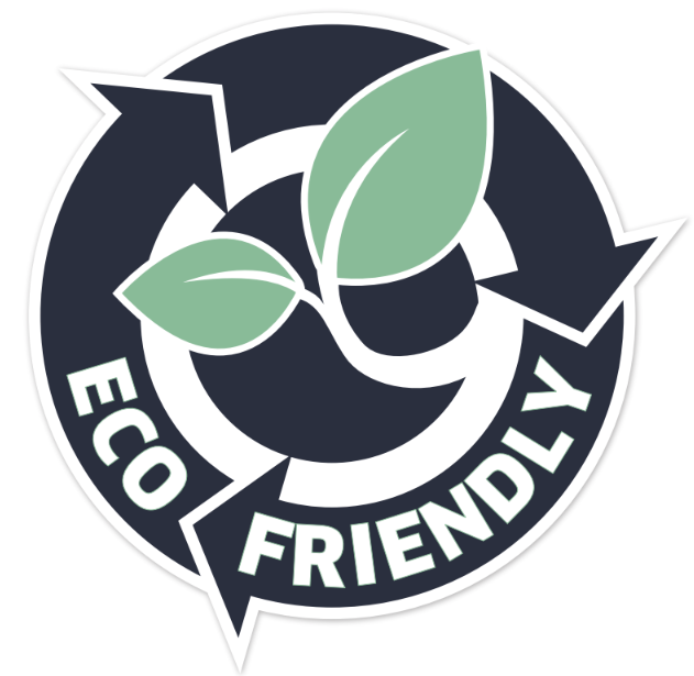 Eco-friendly logo featuring a recycling symbol with a plant sprout in the center and the words 'Eco Friendly' encircling it.