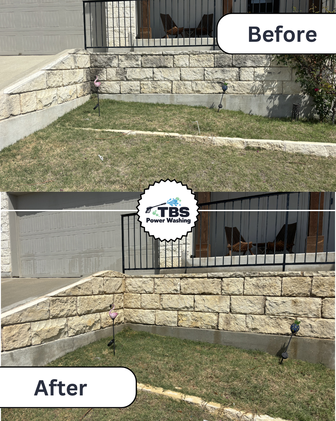 Side-by-side comparison of a yard before and after power washing cleaning. The before image shows a dirty, stained concrete wall and soil-stained grass. The after image shows a clean, bright wall with reduced dirt stains, and the grass appears cleaner and more vibrant.