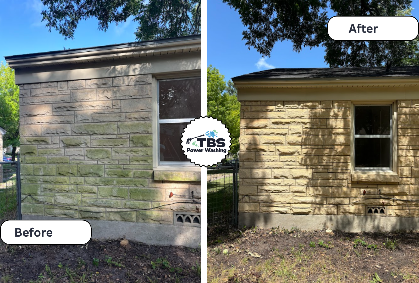 Side-by-side comparison of a house exterior before and after power washing. The 'Before' shows a house with greenish moss or algae on the stone siding, while the 'After' shows the house with clean, beige stone siding and visible shadows from nearby tree branches.