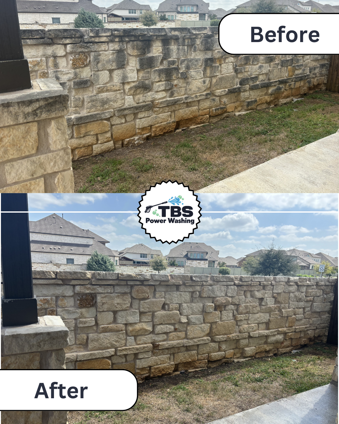 Side-by-side comparison of a stone wall before and after power washing, showing the removal of dirt and grime, with the logo of TBS Power Washing in the center.