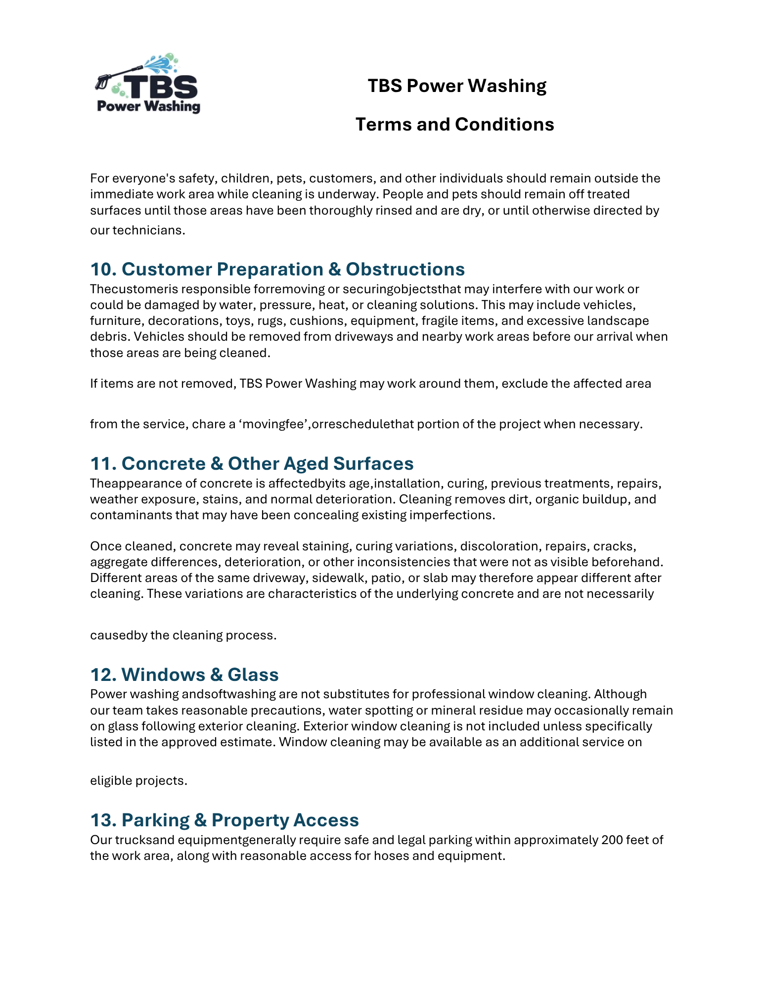 A document titled 'TBS Power Washing Terms and Conditions' with a logo of a pressure washer spray and bubbles at the top left corner.