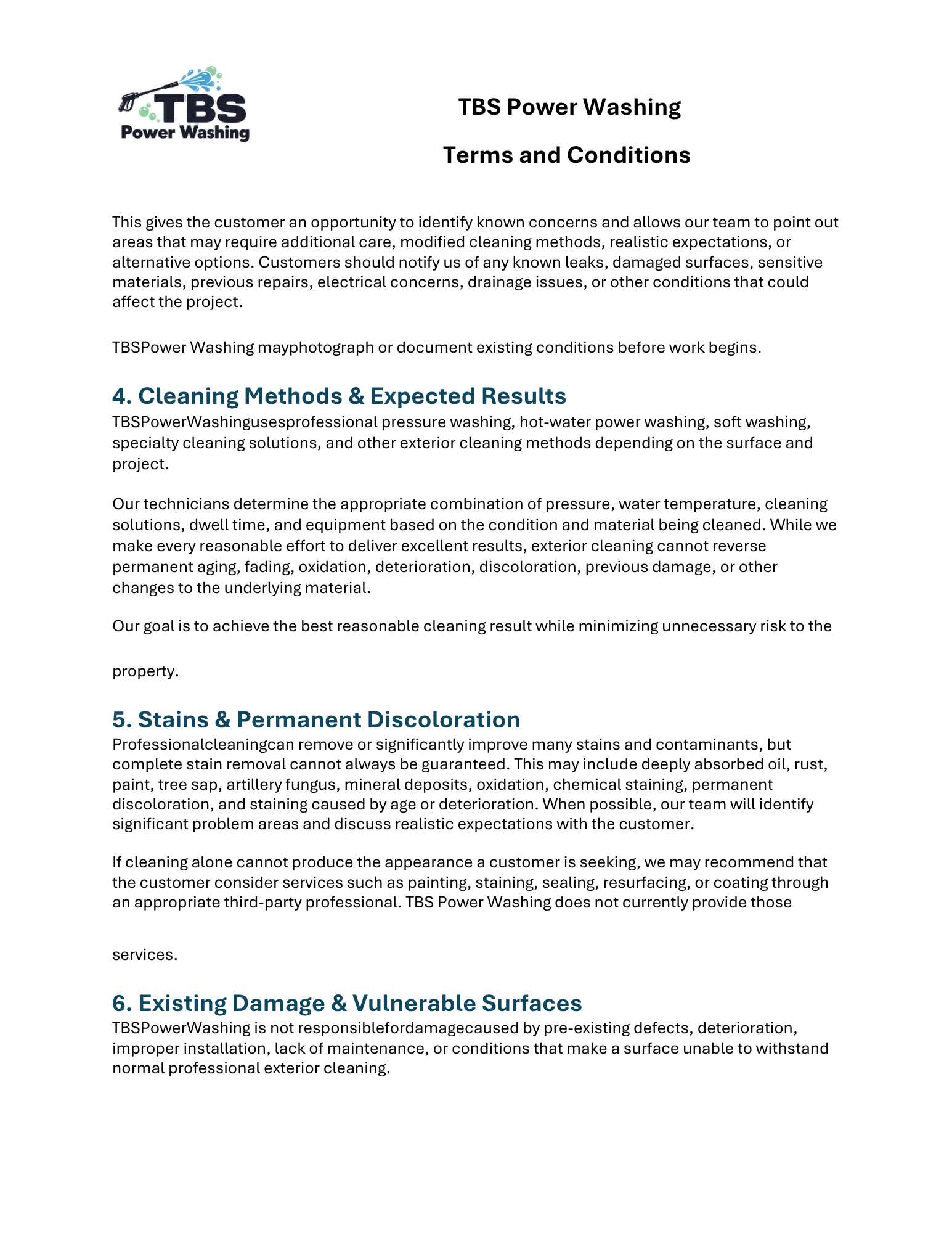 A document titled 'TBS Power Washing Terms and Conditions' with the logo of TBS Power Washing at the top, including an image of a spray gun spraying water and the text 'TBS Power Washing'.