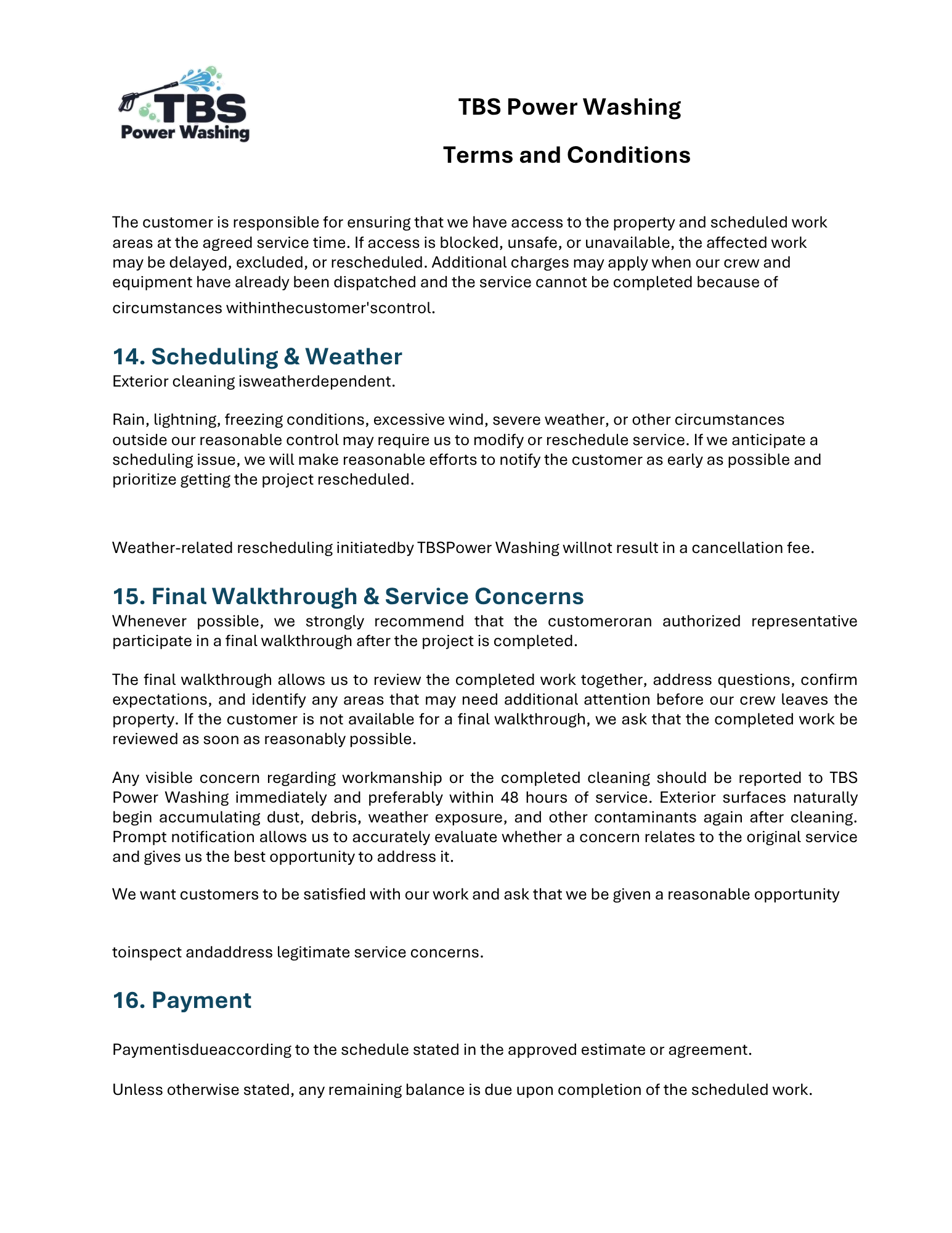 A screenshot of a document titled "TBS Power Washing Terms and Conditions," containing details about scheduling, weather-related rescheduling, payment policies, and instructions to address service concerns.