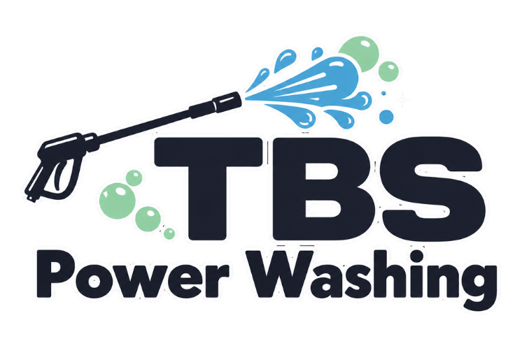 TBS Power Washing logo with a spray gun releasing water spray and bubbles.