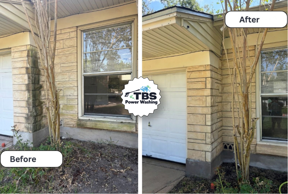 Side-by-side comparison of a house's exterior; the left shows a dirty, mossy area with a window and overgrown plants labeled 'Before,' and the right shows a clean, washed area with the same window and improved appearance labeled 'After'.