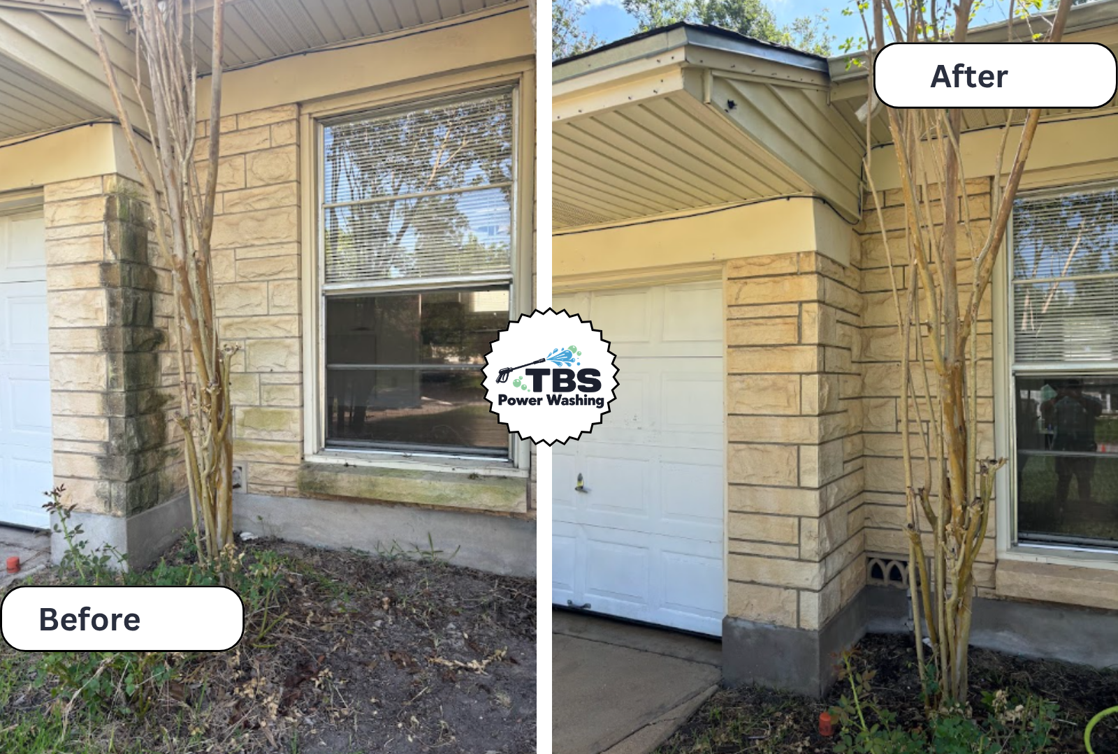 Side-by-side comparison of a house exterior showing a before and after of power washing. The left side shows a house with dirt, mold, and grime on the brick and window area, while the right side shows the same area clean and bright after washing, with the TBS Power Washing logo in the center.