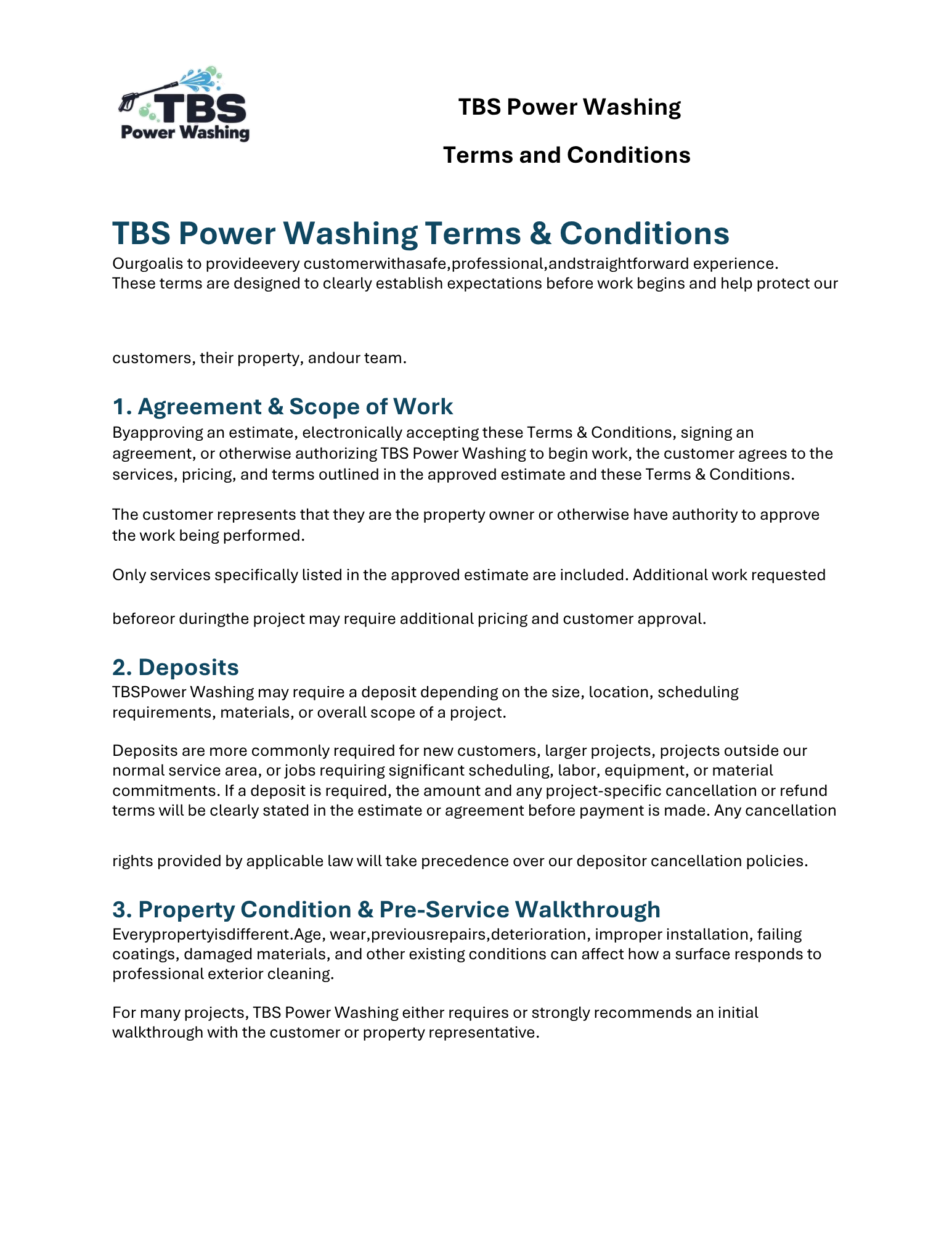 Document titled 'TBS Power Washing Terms and Conditions' featuring logo, heading, and bullet points detailing agreement scope, deposits, and property condition for power washing services.