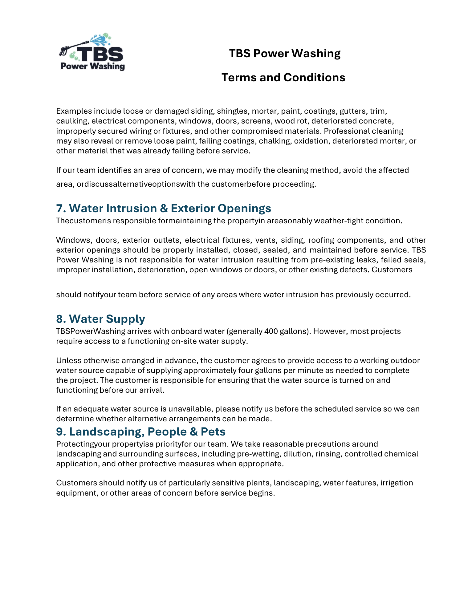 Page from a document titled 'TBS Power Washing Terms and Conditions'. It includes information about water intrusion, exterior openings, water supply, landscaping, people, and pets, with the TBS Power Washing logo at the top left corner.