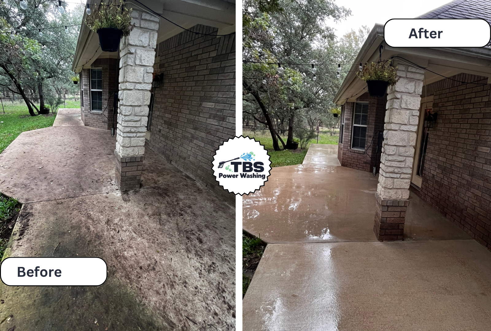 Side-by-side comparison of a house's exterior concrete patio before and after power washing. The 'before' side shows a dirty, stained surface, while the 'after' side is cleaned, smooth, and wet. A logo for TBS Power Washing is in the center.