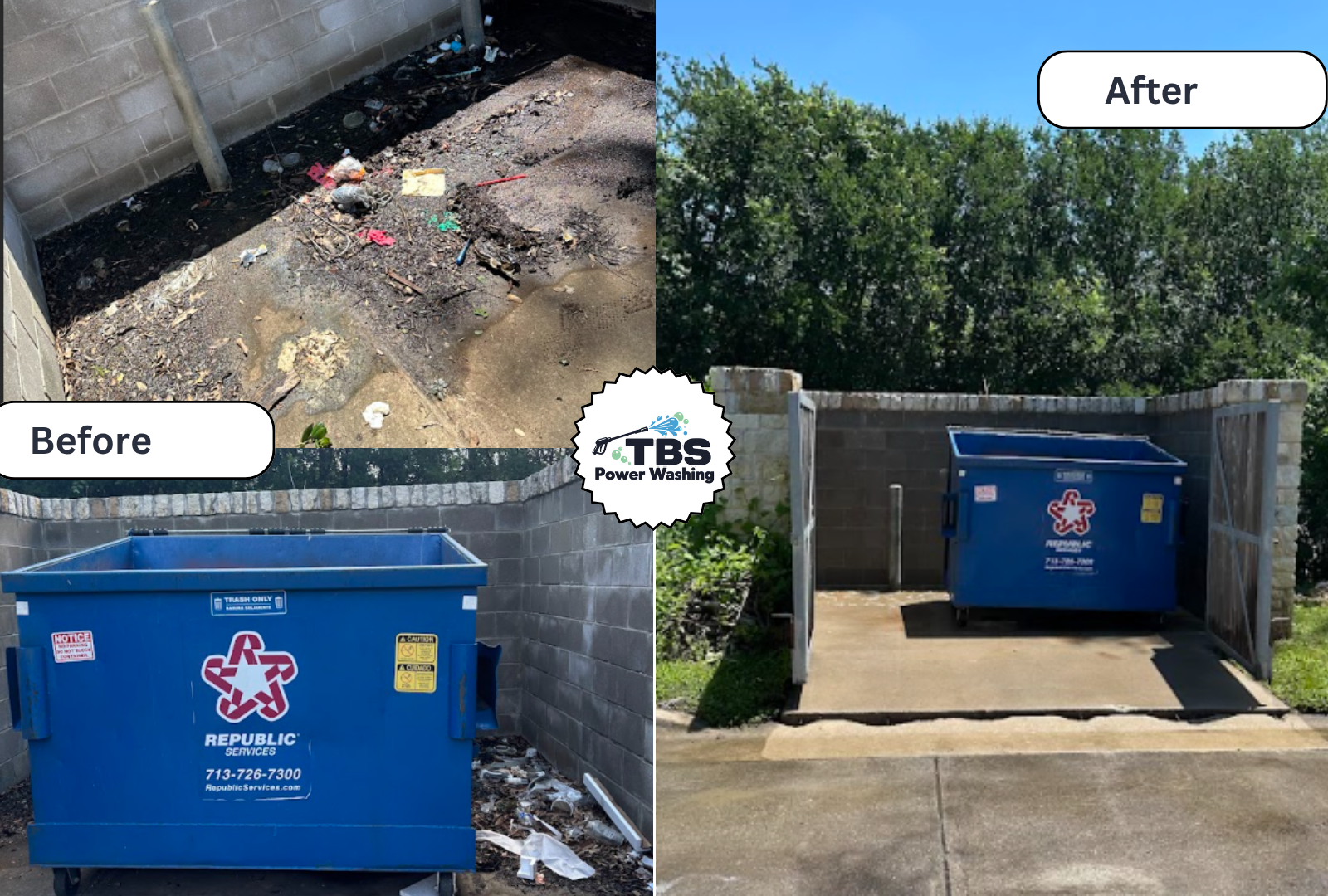 Comparison of a dirty, trash-filled area before and a clean, trash-free area after power washing. The after image shows a bright blue trash container against a clean concrete surface with a backdrop of trees.