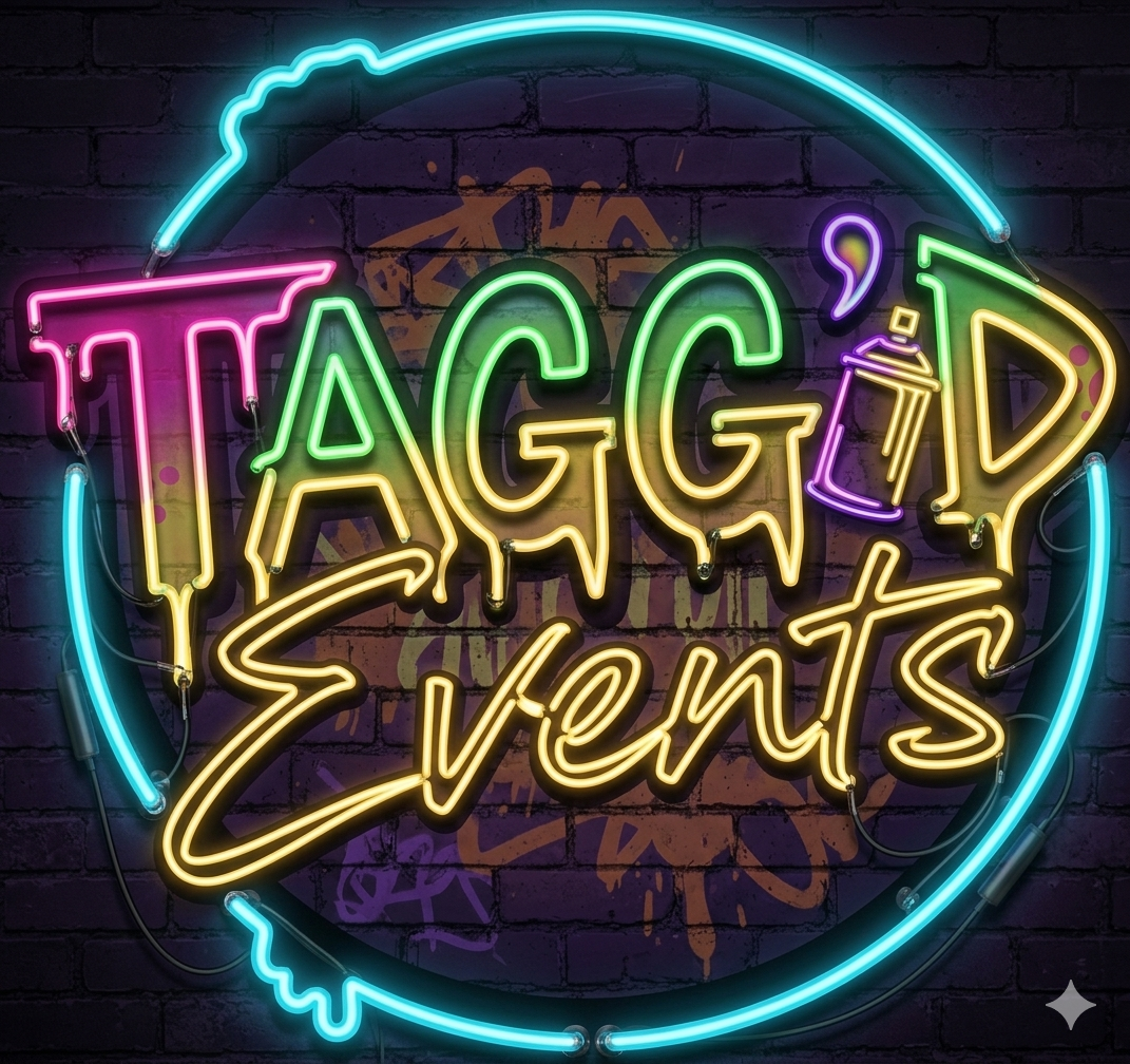 Neon sign on a brick wall that reads 'Taggy Events' with colorful lights and a spray paint design in the background.