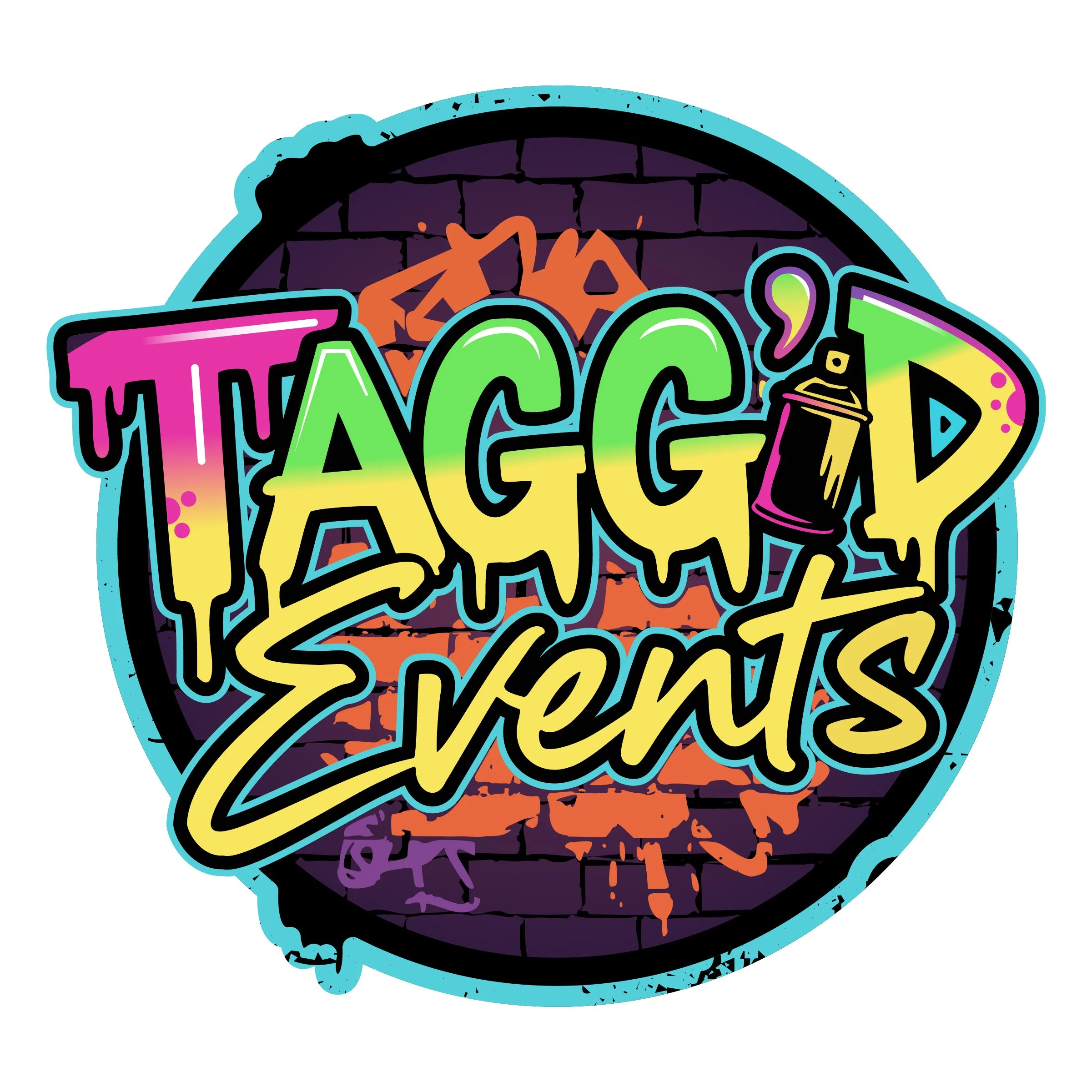 Colorful graffiti-style text spelling 'TAG' with a spray paint can in the letter 'G' on a graffiti mural background.