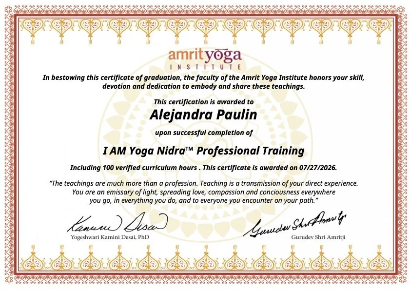 Certificado de Ale Paulin como facilitadora de I AM Yoga Nidra™, emitido por el Instituto Amrit Yoga en julio de 2026.