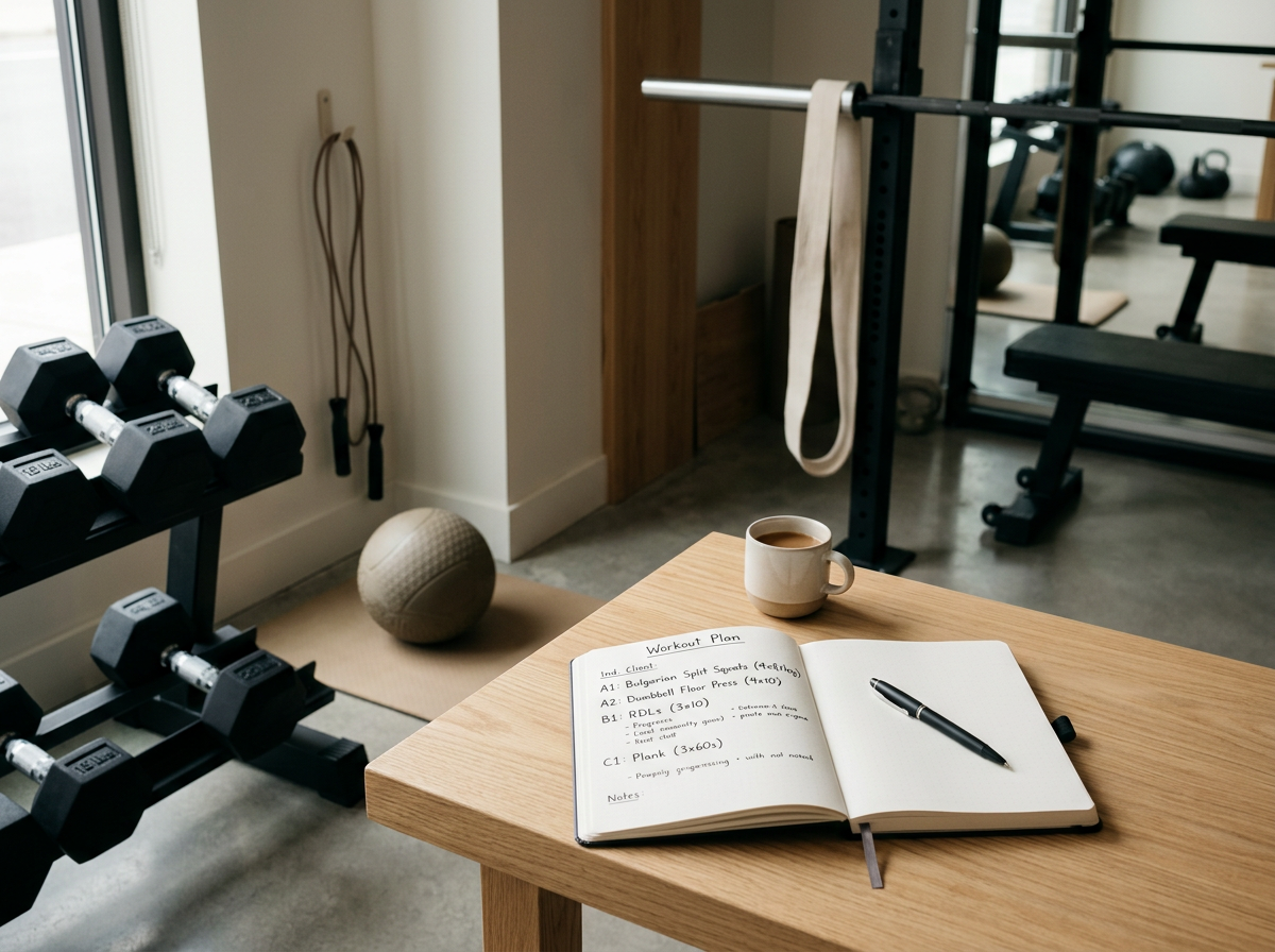 A home gym with a wooden table holding a coffee mug, an open workout plan notebook, and a pen. In the background, dumbbells on a rack, a exercise ball, a mat, and gym equipment including a bench and weightlifting bars.