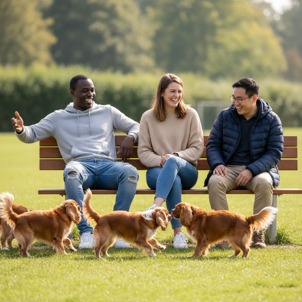 Three people sitting on a park bench laughing and talking, with four dogs playing in front of them on a grassy field, trees in the background.