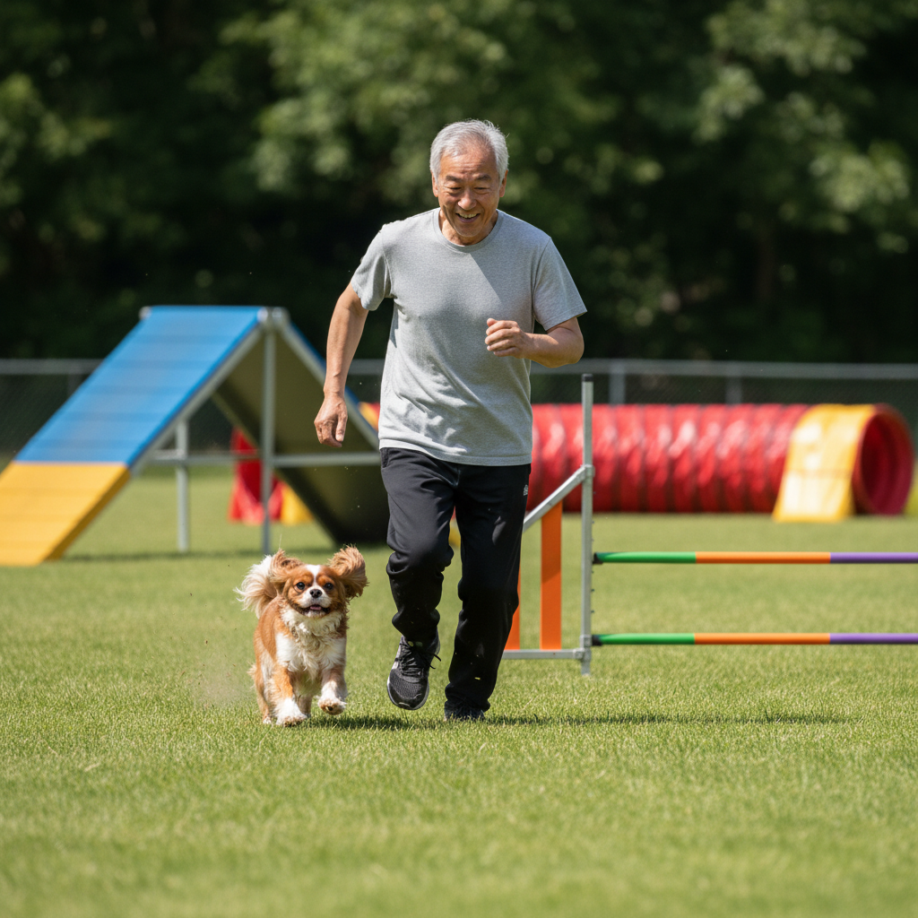 An elderly man running with his small dog on a grassy field, with agility training equipment in the background.