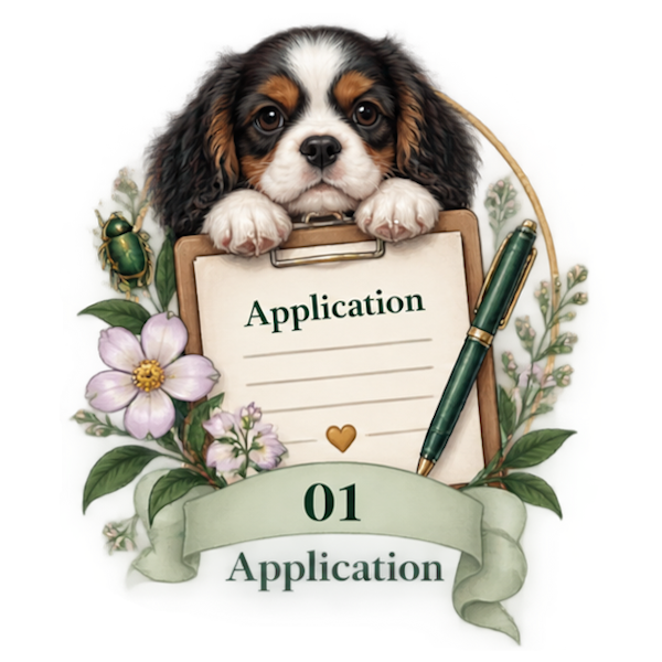 A cute puppy with floppy ears holding a clipboard labeled 'Application' surrounded by flowers, a pen, a heart, and decorative green elements.