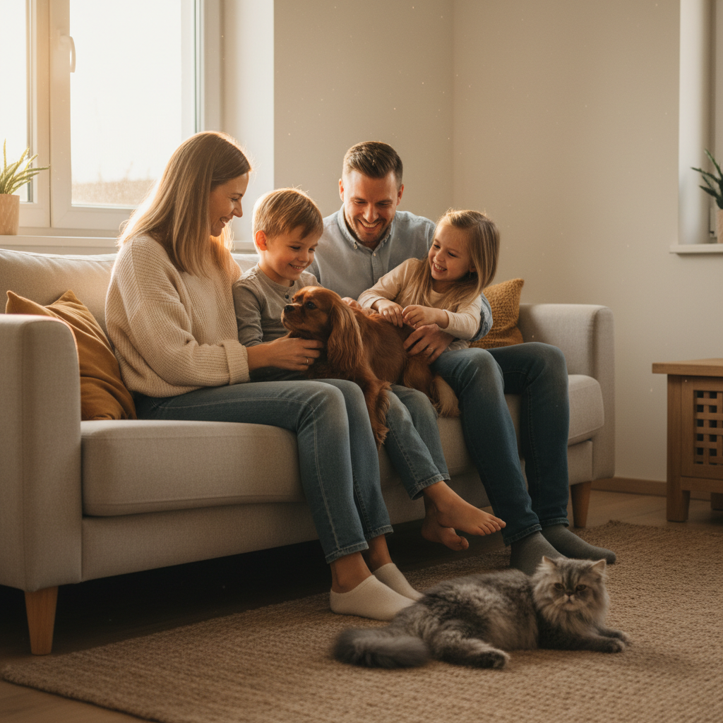 A family of four, consisting of a mother, father, son, and daughter, sitting on a beige sofa in a sunlit living room, playing with a brown dog while a gray cat lies on the carpet nearby.