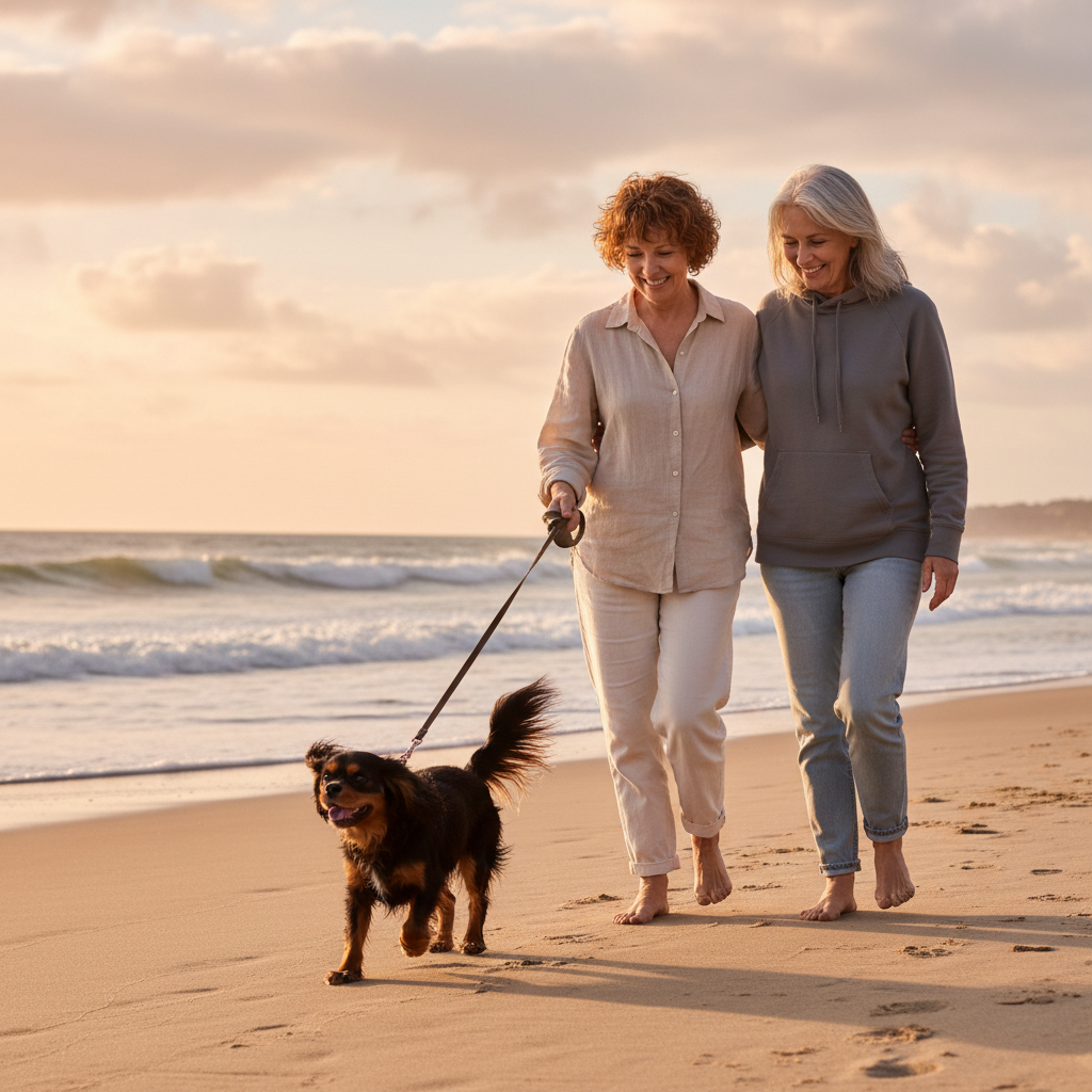 Two women walk barefoot on the beach with a small dog during sunset, smiling and enjoying each other's company.