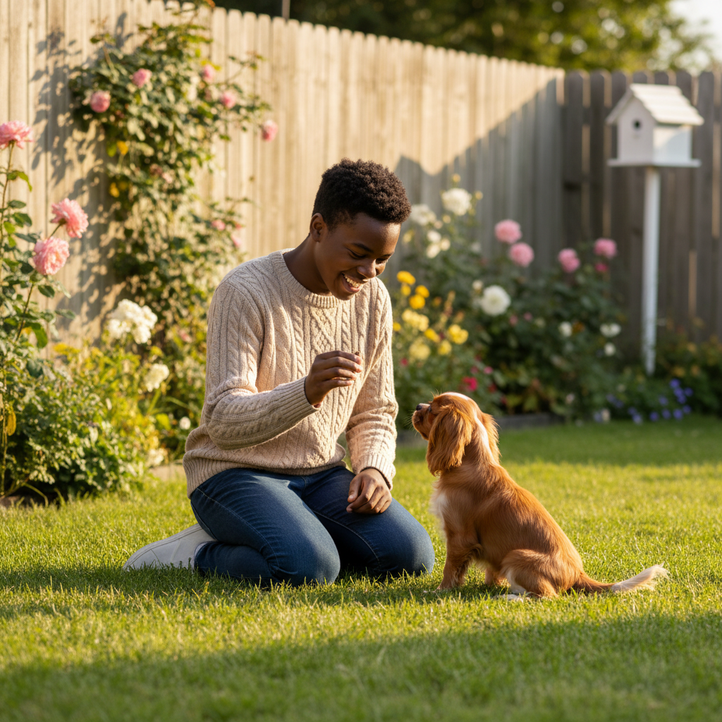 A person kneeling on the grass playing with a puppy in a garden with flowers and a wooden fence.