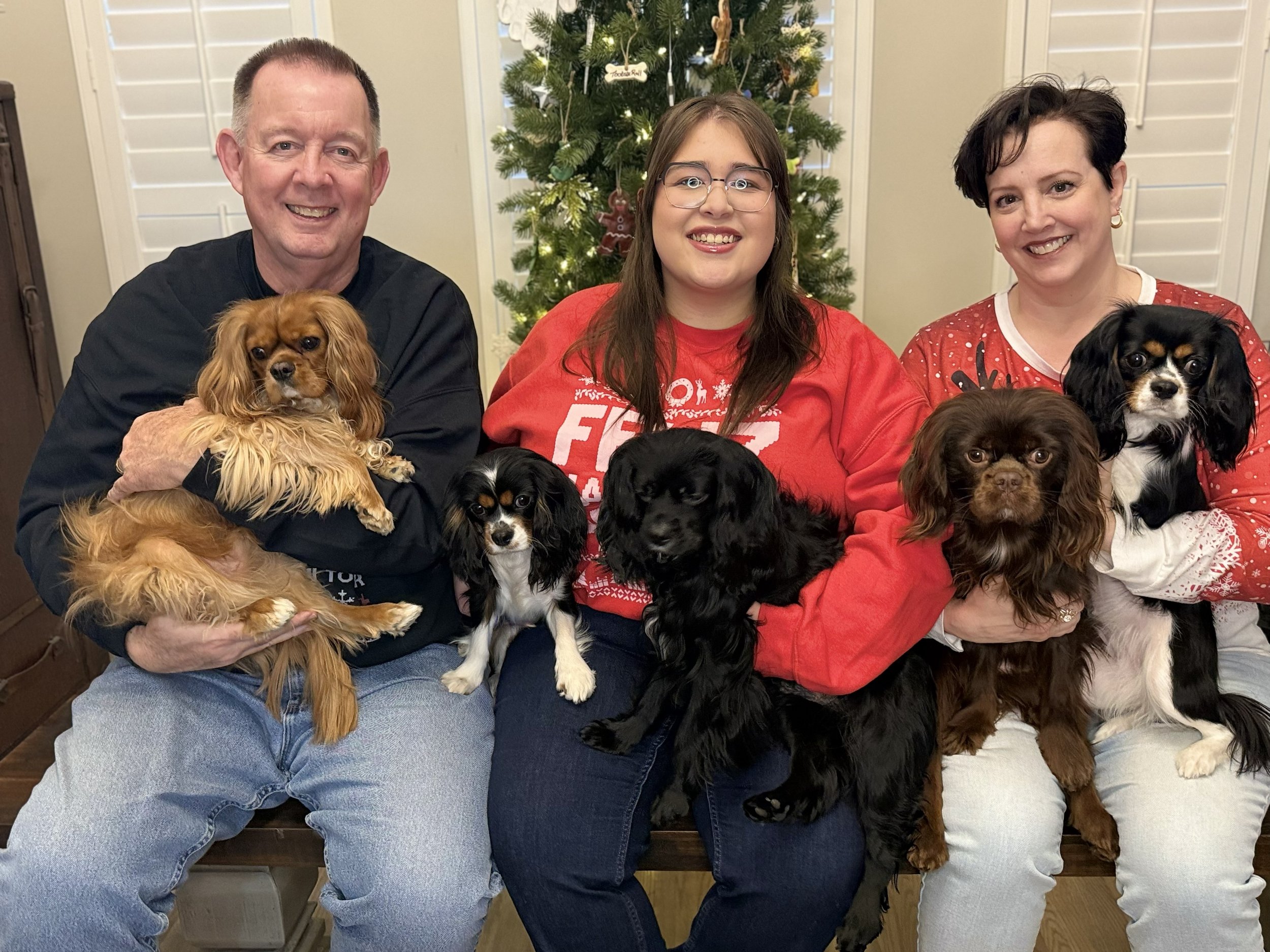A family of three sitting in front of a decorated Christmas tree, holding and surrounded by their multiple dogs. The man on the left has short hair and is holding a brown dog. The girl in the middle has glasses and is smiling. The woman on the right has short dark hair and is smiling, wearing a red polka dot sweater. The dogs include a variety of breeds and colors.