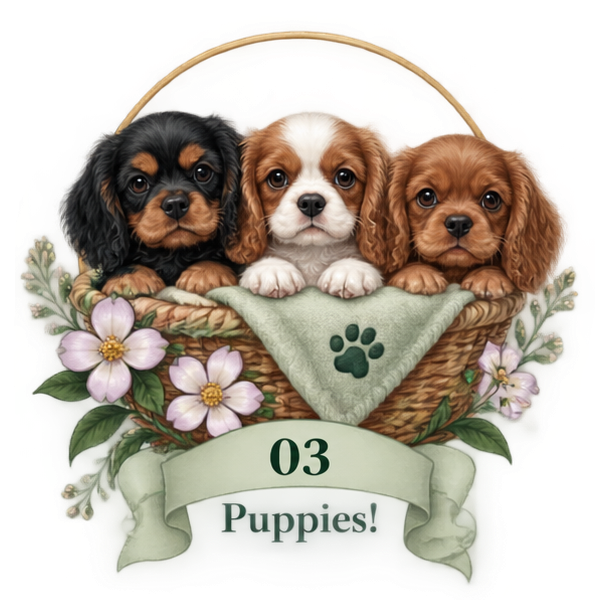 Three adorable puppies in a basket with flowers and a paw print, labeled '03 Puppies!'