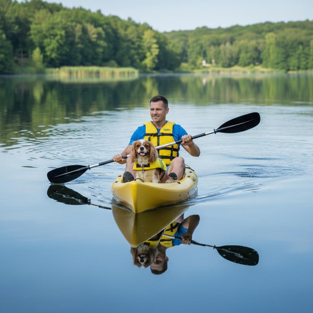 A man and a dog kayaking on a calm lake with green trees in the background.