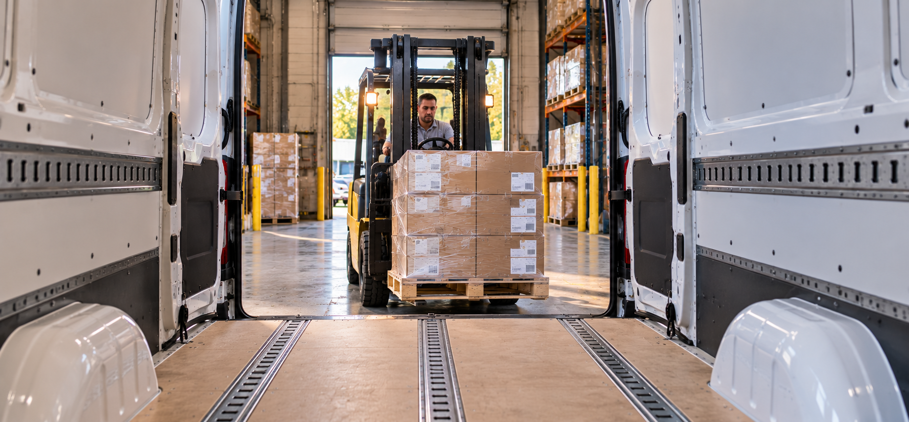 Forklift operator moving a shrink-wrapped pallet of boxed freight toward the open rear doors of a cargo van inside a warehouse.