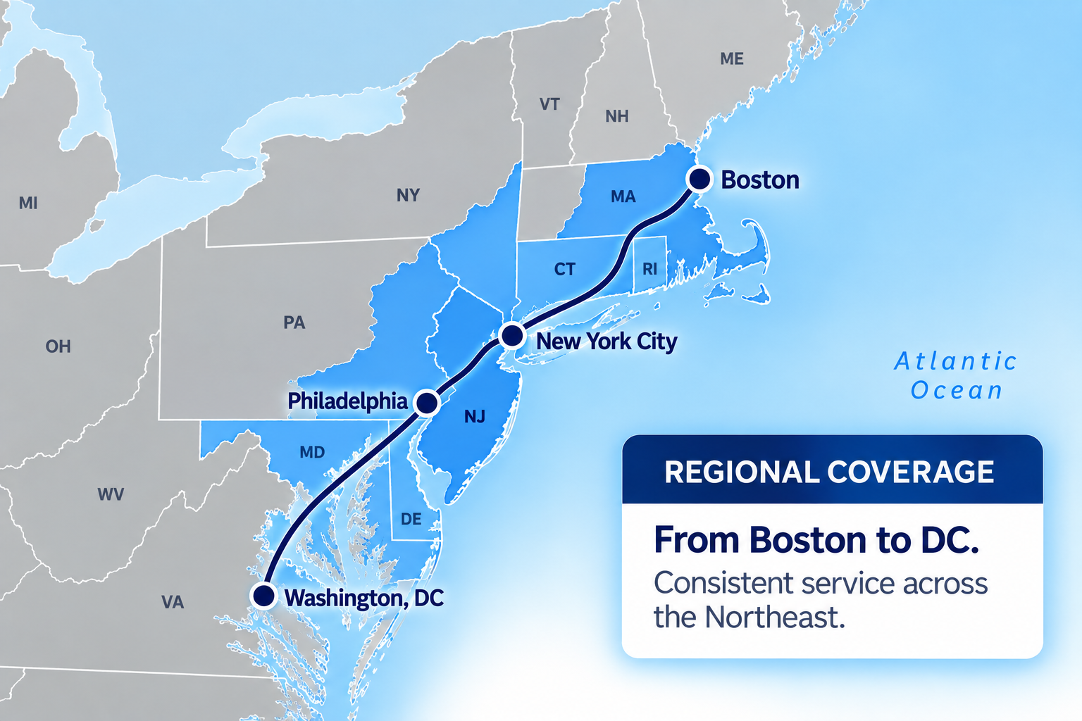 Map of IVT Express regional delivery coverage along the Northeast corridor, including New Jersey, Philadelphia, New York City, Boston, and Washington, DC.