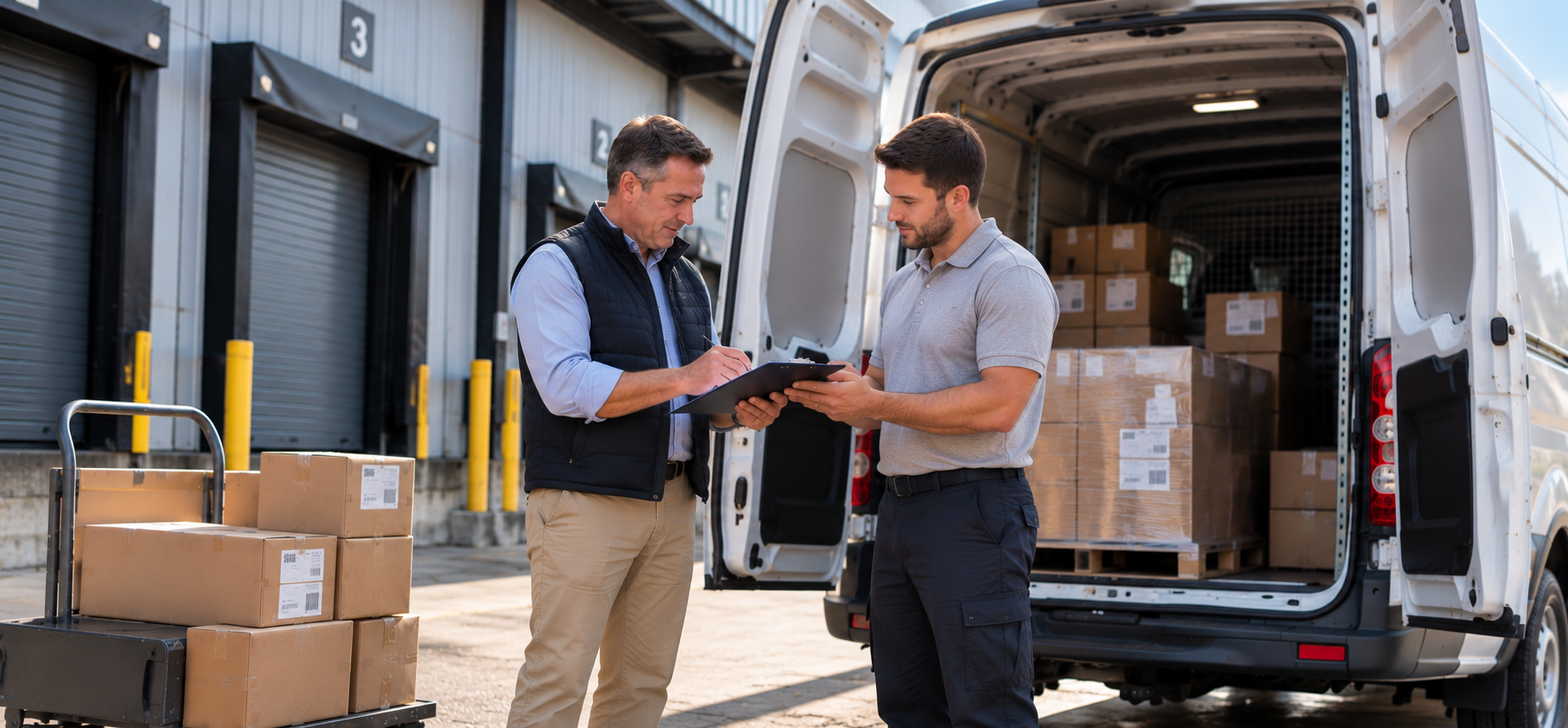 Two delivery professionals reviewing paperwork beside a loaded white cargo van at a warehouse loading dock.
