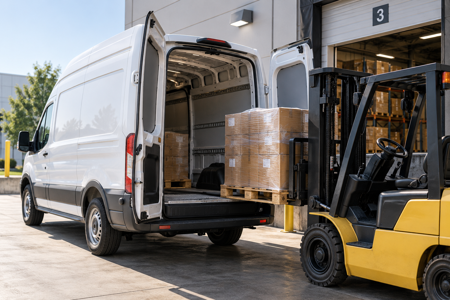 White high-roof cargo van being loaded with a pallet of boxed freight by a forklift at a warehouse loading dock.