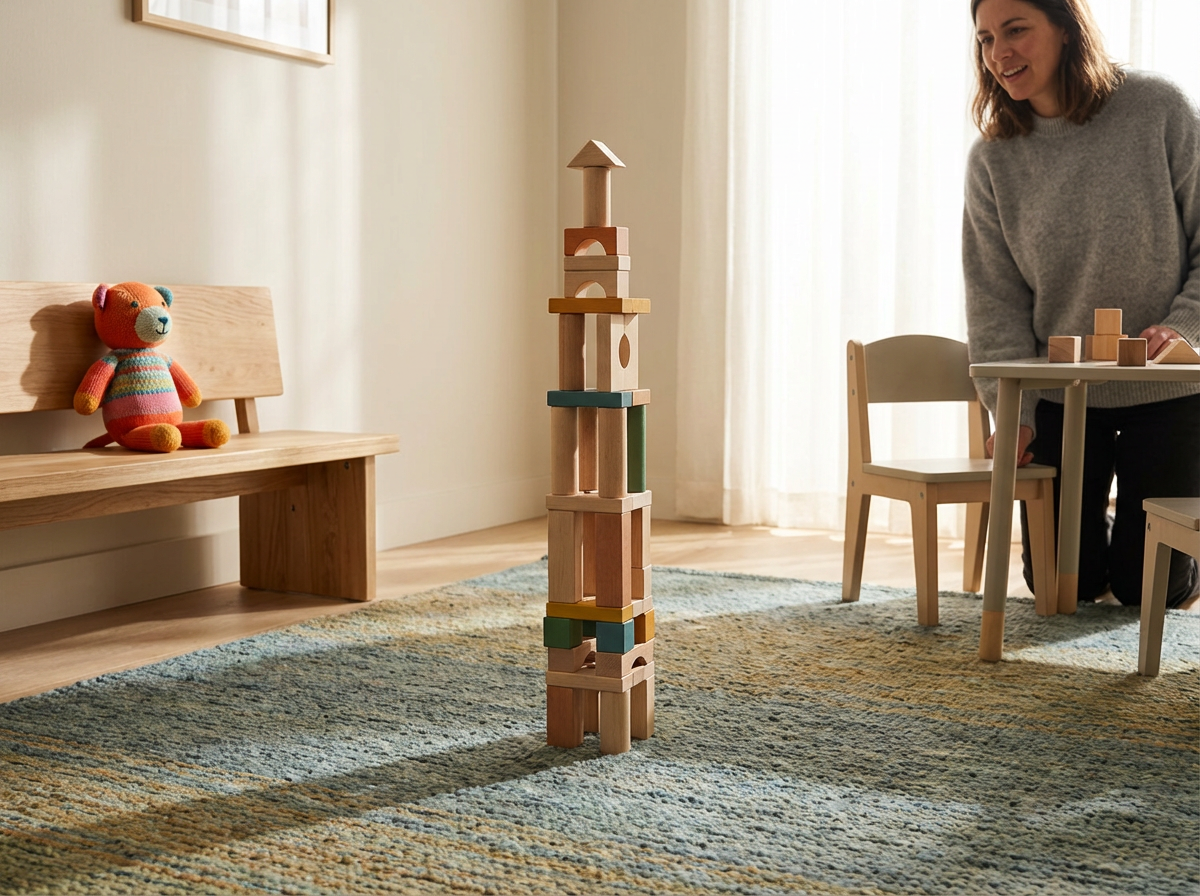 A woman is playing with a colorful wooden block tower in a cozy, sunlit room. There is a plush teddy bear on a wooden bench on the left side of the image, and a small table with additional wooden blocks on the right side. The room has a soft, patterned rug, light walls, and curtains.