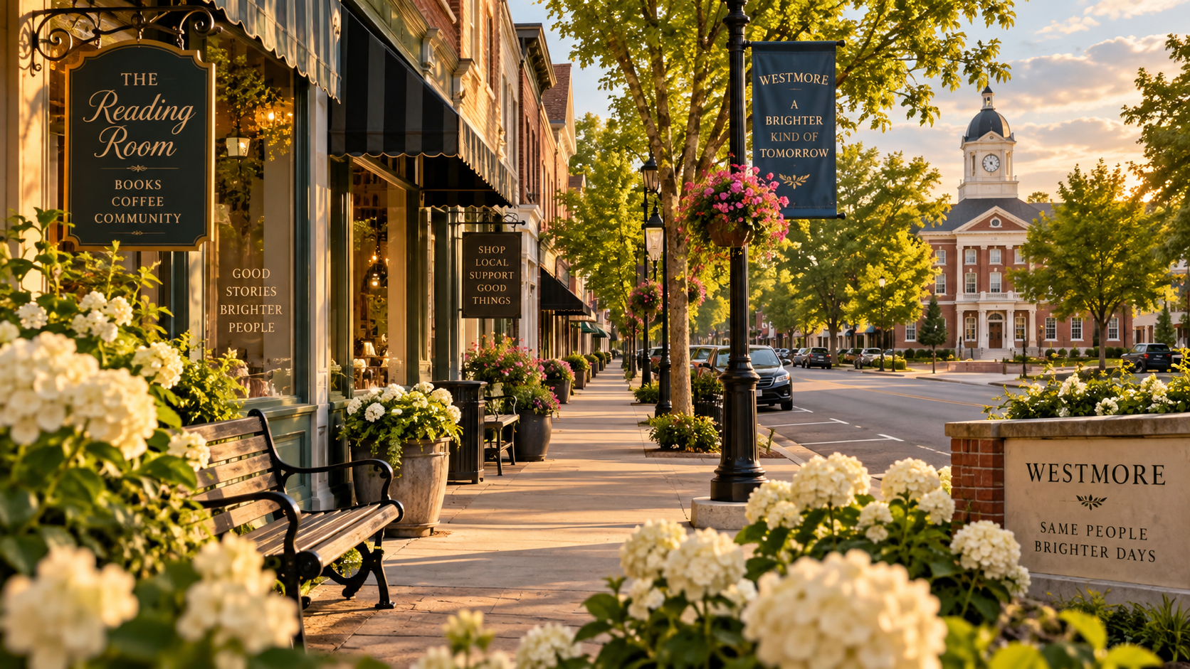 Downtown shopping street with flower planters, benches, lampposts, storefronts, and a historic building in the background, during sunset.
