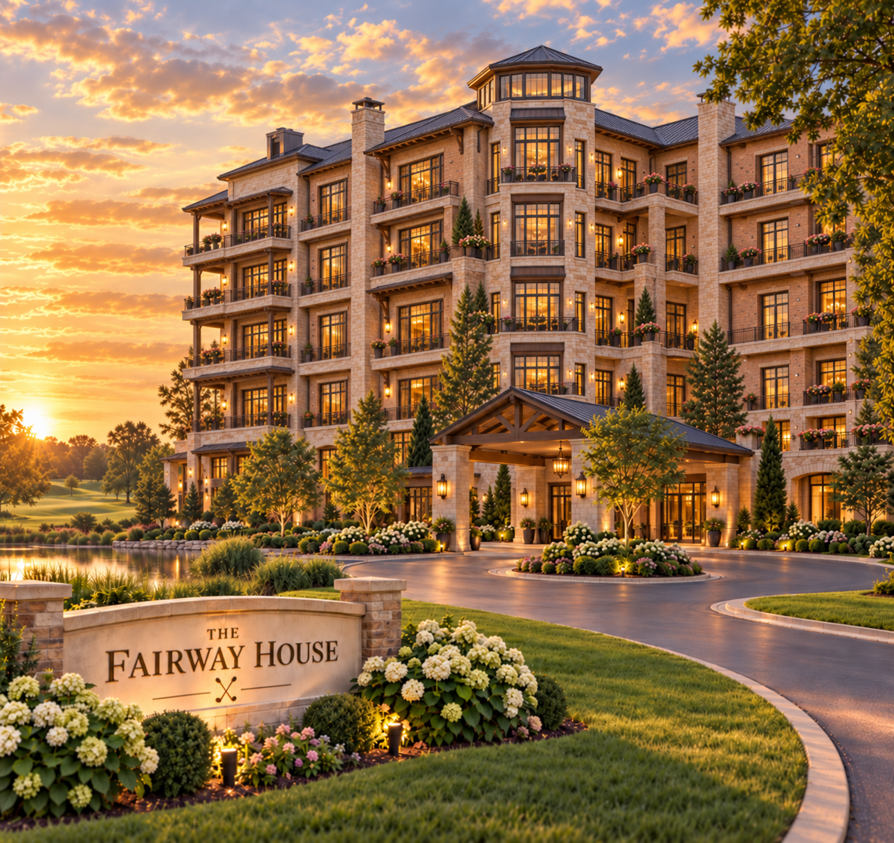 A large multi-story hotel named 'The Fairway House' with a landscaped garden, trees, and a pond, illuminated by warm lighting at sunset.