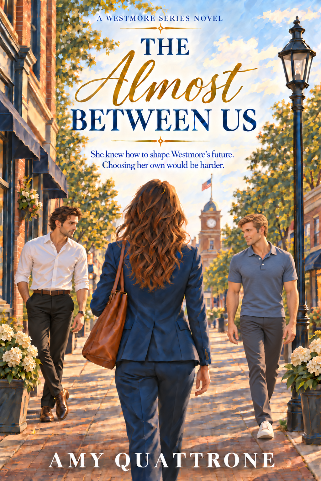 A picture depciting  "The Almost Between Us" by Amy Quattrone, featuring a city street scene with a woman with long curly red hair walking away, flanked by two men, one with dark hair and another with blond hair, under a blue sky.