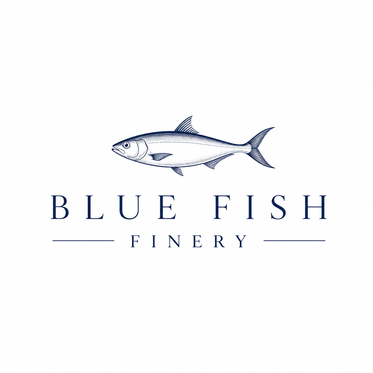 Logo of Blue Fish Finery featuring a detailed illustration of a blue fish and the text 'Blue Fish Finery' beneath it.