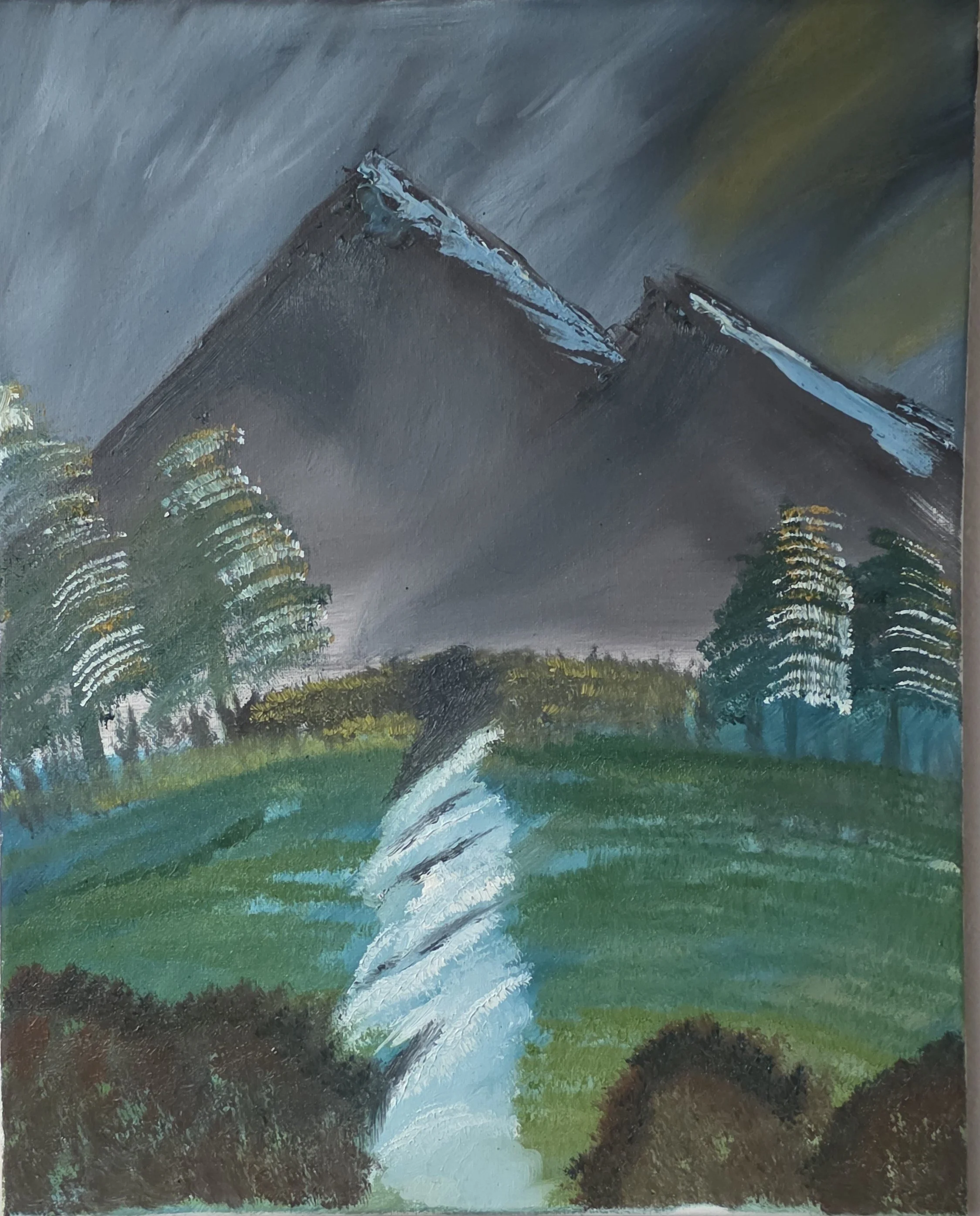 A painting of a mountain landscape with a river running through green fields and dense trees, under a cloudy sky.